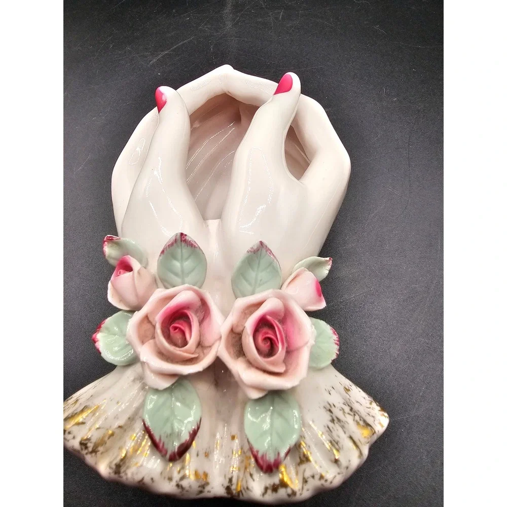Vintage Lefton 714 Porcelain Hand Wall Pocket Vase Pink Roses Gold Trim Japan AB